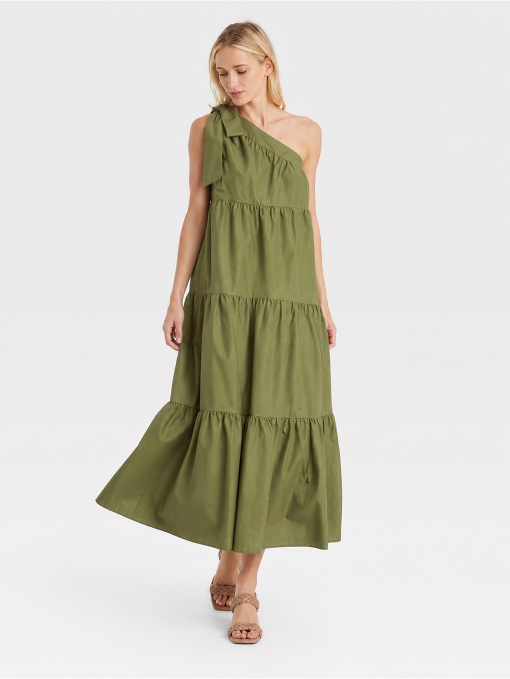 NWT 100% Cotton Olive One-Shoulder Tiered Maxi Dress